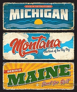 USA states Maine, Michigan, Montana signs plates - vector image