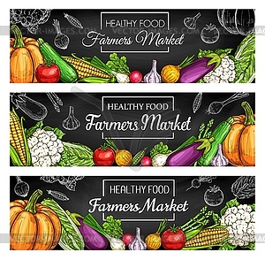 Fresh farm vegetable banners with veggie sketches - vector clipart