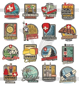 Switzerland travel, Swiss icons of chocolate, alps - vector clip art