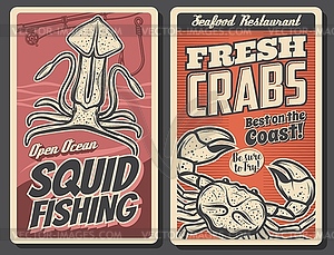 Fresh crab seafood, squid fishing banners - color vector clipart