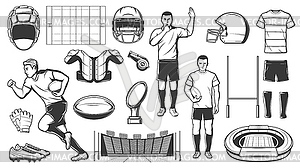 Rugby sport, football American game players items - vector clipart