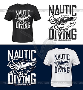 Squid print t-shirt mockup, sea, ocean diving club - vector image