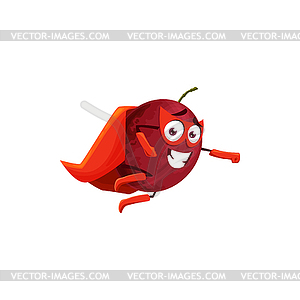 Fruit superhero, plum in super hero cape, cartoon - vector image