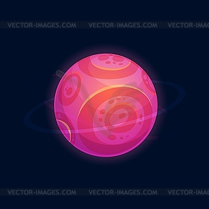 Pink cartoon planet in outer space, asteroid icon - vector clipart