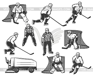 Ice hockey players, referee characters set - vector image