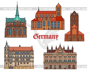 Germany landmarks architecture in Rostock, Gustrow - vector clipart