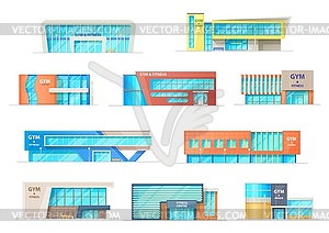 Набор фасадов зданий спортзала или фитнес-центра - векторное изображение EPS