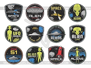 Alien zone, ufo area or space shuttles retro icons - vector clipart