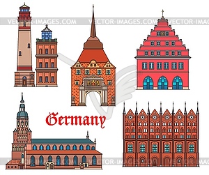 Germany landmarks architecture Rostock, Greifswald - vector clip art