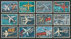 Plane and aviation retro posters, pilot school - vector clipart