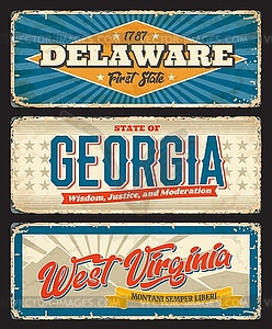 Delaware, Georgia and West Virginia states plates - vector clipart