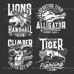 Tshirt prints with goat, alligator, lion and tiger - vector clip art