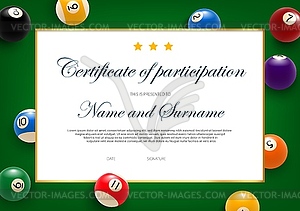 Certificate of participation billiard tournament - vector image