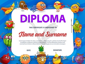 Education school diploma with fruits super heroes - vector clip art