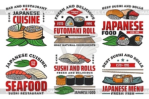 Japanese food restaurant icons with sushi rolls - vector EPS clipart