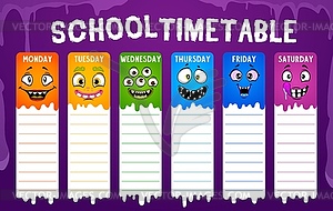 Education school timetable with cute monster faces - stock vector clipart