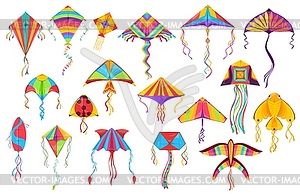 Kite and paper wind toys, cartoon summer games - vector image