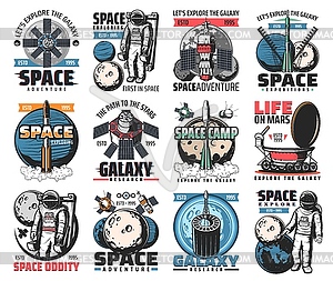 Space icons astronaut in galaxy, rocket - vector clipart