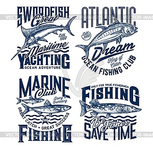 Принты на футболках яхтенного и морского рыболовного клуба - изображение в векторном виде