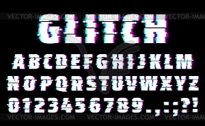 Glitch font, alphabet letters and numbers type - vector clipart