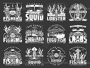 Sea fishing icons, seafood catch - vector clipart