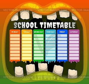 School timetable in Halloween monster mouth frame - vector clipart