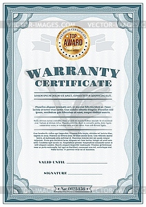 Warranty certificate with top award gold seal - vector image