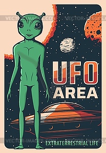 Retro poster with alien and ufo card - vector image