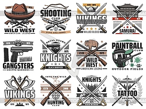 Пистолеты и мечи оружие ретро иконки набор - векторное изображение EPS