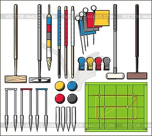 Croquet sport game field and equipment set - vector image