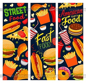 Баннеры уличной еды Американское кафе быстрого питания - векторный клипарт