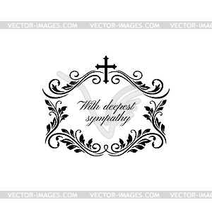 Deepest sympathy lettering, frame and cross - vector clip art