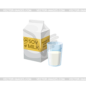 Milk of soya package and glass of drink - vector clipart