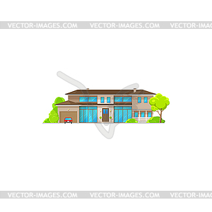 Modern villa country urban building, car vehicle - vector clipart