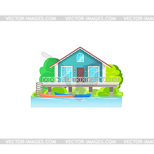 Facade of house on water with canoe boats - vector clipart