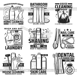 House cleaning, personal hygiene and washing icons - vector image