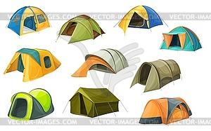 Cartoon tents icons, camping equipment set - vector clip art