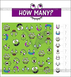 Kids game how many monster muzzles riddle - vector image