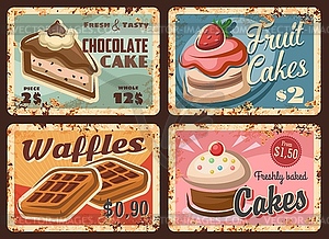 Pastry, confectionery sweets rusty plates set - vector image