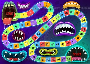 Kids board game step boardgame with monster mouths - vector image