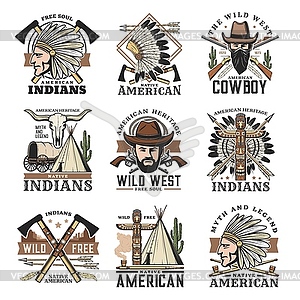 Wild West icons set, vintage signs - stock vector clipart