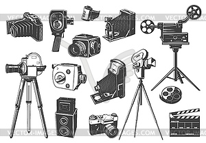 Retro photo and movie cameras on tripod set - vector clipart