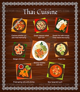 Меню тайской кухни, еда блюда тайланда - векторное изображение EPS