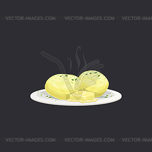 Hot cooked potato with butter and dill on plate - vector clipart