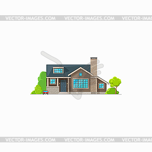 House exterior with chimney pipe, parked car, tree - vector image