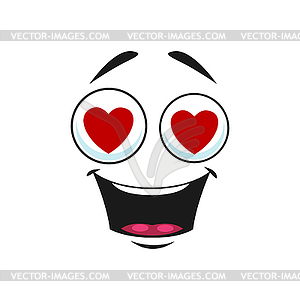 Cartoon face with red hearts in eyes, open mouth - vector image