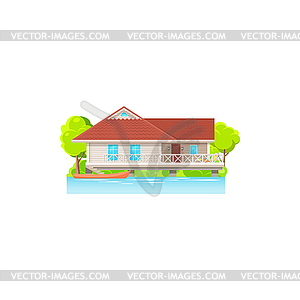 Facade of house on water with canoe boats - vector clip art