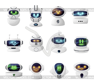 Robots, androids heads with faces on screen - vector image