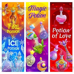 Love potion bottles, banners, magic poison alchemy - vector clipart / vector image