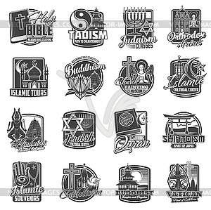 World religions icons, Buddhism and Christianity - vector image